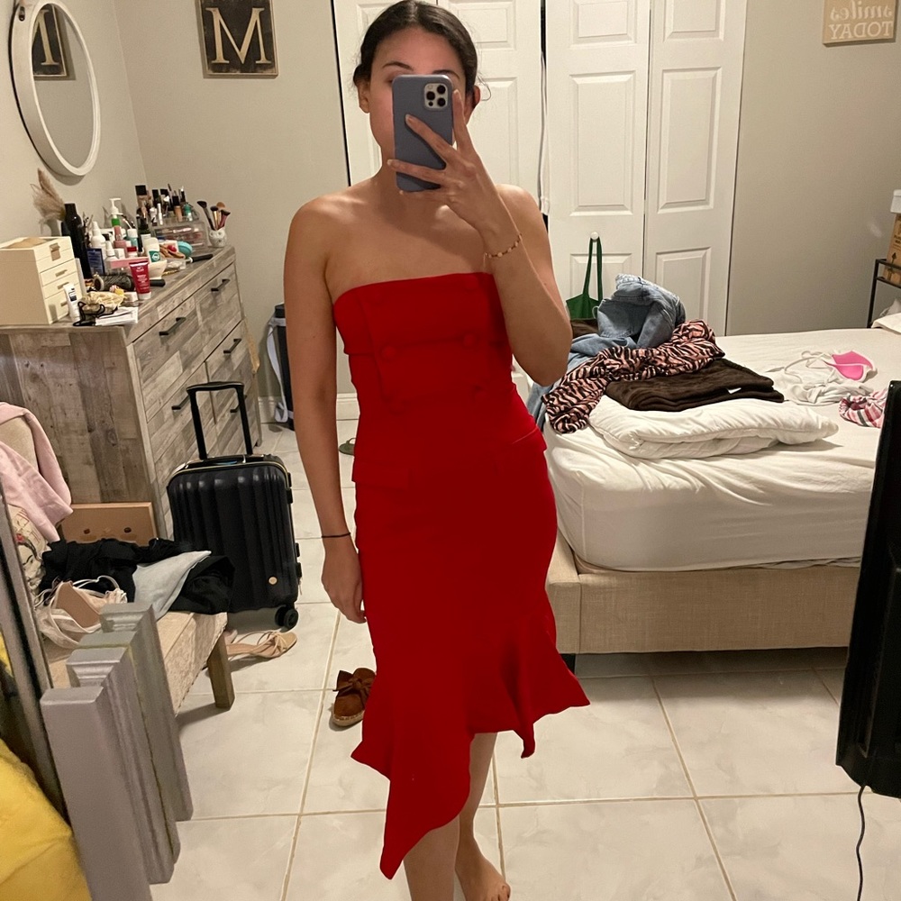 X Revolve Chrissy Teigen Red Midi Dress Landon Bodycon Ruffle Strapless Pencil S - Picture 6 of 7